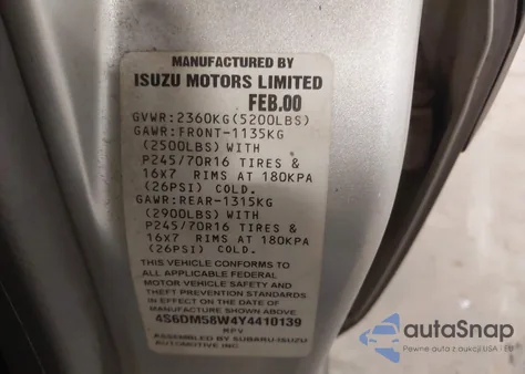 2000 Honda Passport Ex/Lx из США, поврежденный, VIN 4S6DM58W4Y4410139